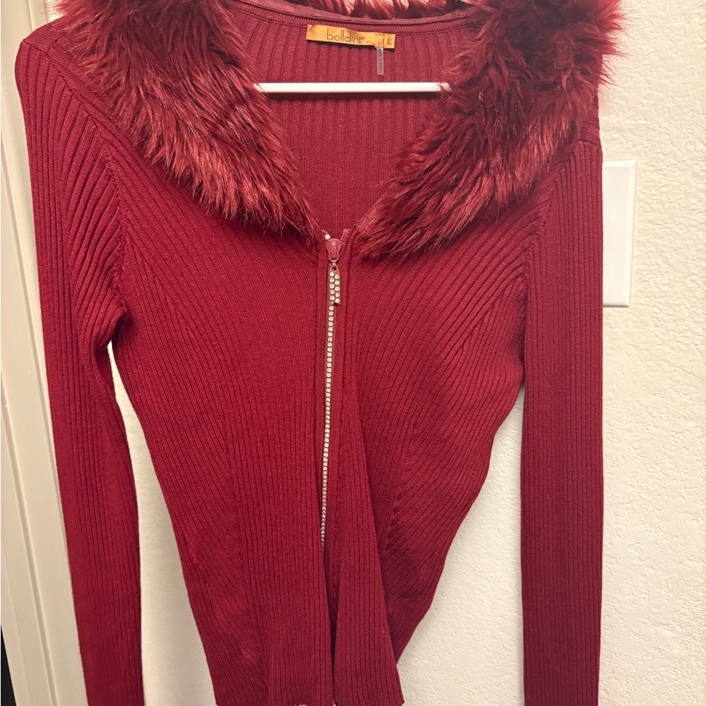 SOLD! Belldini Burgundy Ribbed Zip-Front Sweater with Faux Fur Collar